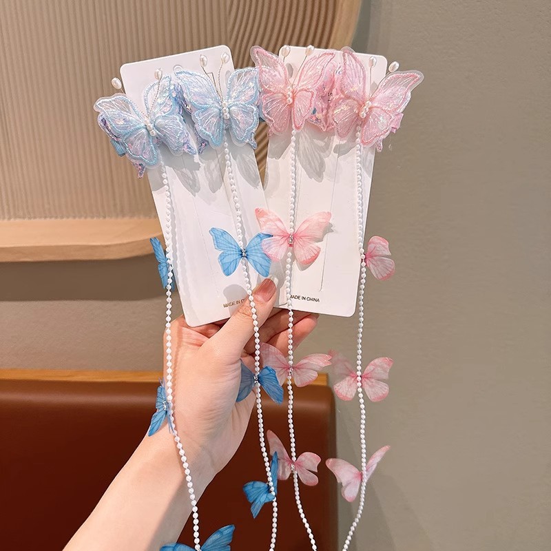 小さな女の子の新しいアンティークスタイルの手作り蝶真珠チェーン編組ヘアピンプリンセス妖精ヘッドフラワービーズヘアバンド頭飾り|undefined