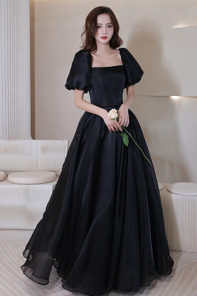 Vestido de noche negro para mujer, estilo nuevo de otoño 2025, manga abullonada, satén, para anfitriona de reunión anual, pasarela