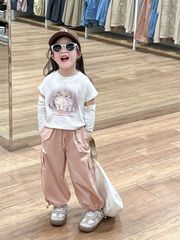 2024女童韓版爵士風甜酷辣妹白色貓咪露臂T恤+粉色工裝褲分開拍