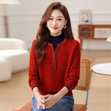 羊毛撞色半开领长袖羊毛衫假两件时尚休闲显瘦内搭秋冬打底衫女，女装针织衫/毛衣，妃慕昵服饰