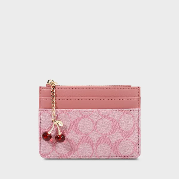 New C-Pattern Printed Monogram Short Card Holder for Women, Light Luxury Style with Cherry Pendant, Mini Portable Card Holder for Export