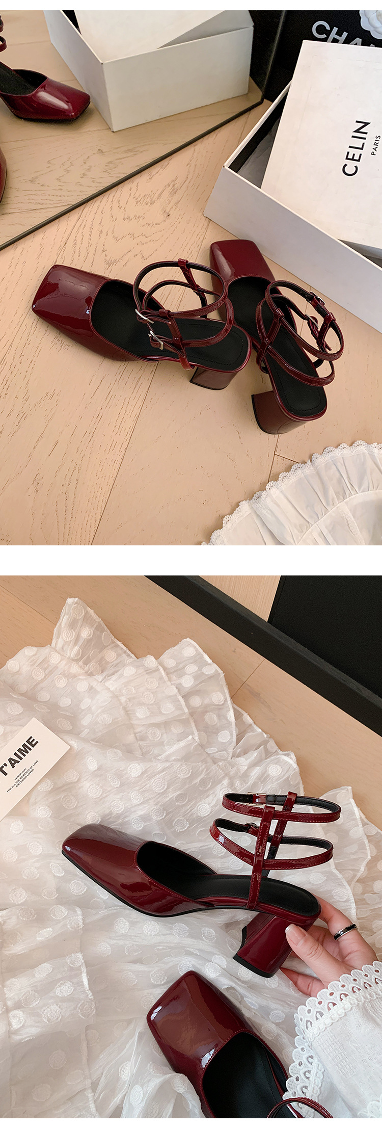 Giày sandal cao gót nữ mũi vuông bít mũi quai ngang gót thô da thật — Màu đen chi tiết 13