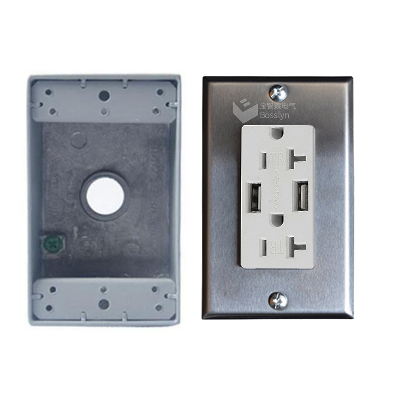 宝智霖供应美式usb墙壁插座带金属面板底盒 美标美规墙壁插座