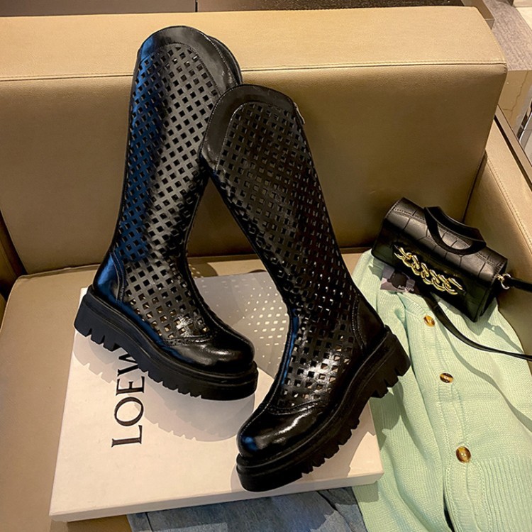 Boot nữ da bò đế dày cổ cao ống lưới — Màu nâu ống lớn, Màu đen cổ ống lớn, Ống nhỏ màu đen, Chu vi ống lớn màu trắng Be chi tiết 7