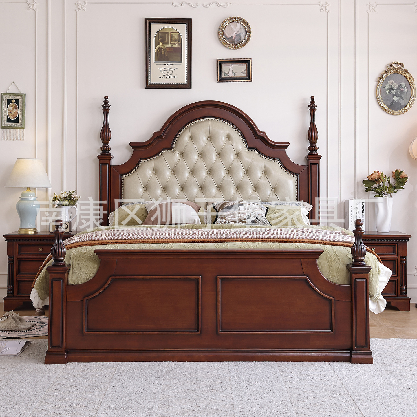 American-Style Solid Wood Bed with Upholstered Leather Backrest, 1.8m Double Bed Bedroom Roman Column Frame, Walnut Color Princess Bed with Vintage Finish