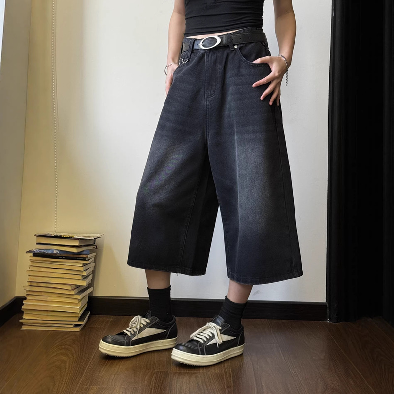 American-Style Vibe Denim Cropped Pants for Men, Summer Washed Retro Mid-Length Pants, Trendy Cool Loose-Fitting Over-The-Knee Shorts