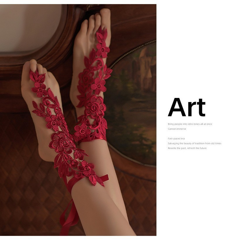 Lace Drawstring Ankle Socks in Wine Red with Hollow Strap Detail — detail image 11