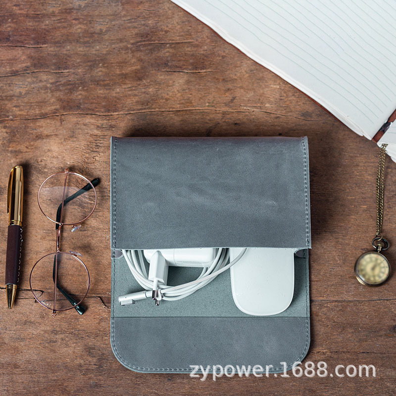 Solid Color Fashionable Leather Charger Mouse Cosmetics Bag Business Trip Business Mobile Phone Bluetooth Headset Protective Leather Case