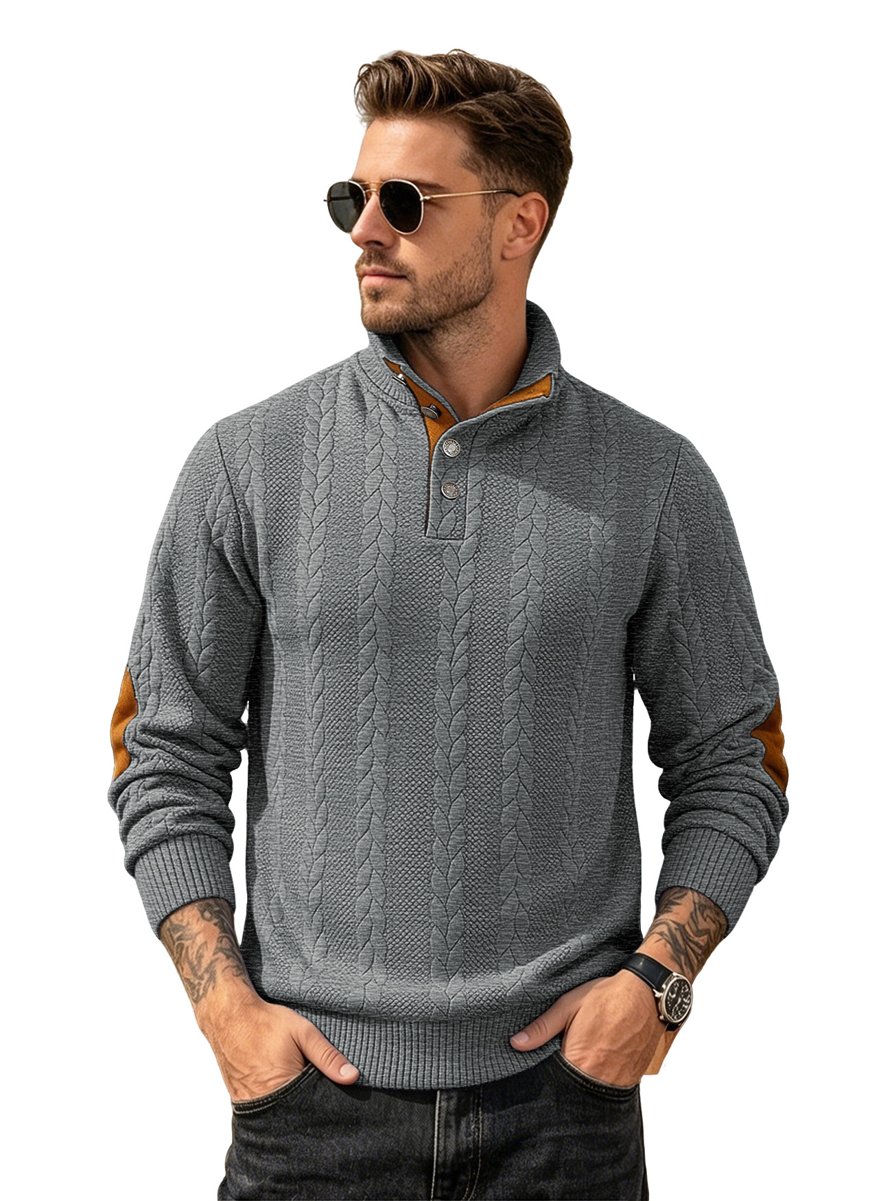 Camiseta POLO jacquard para hombre, estilo europeo y americano, con cuello Henley, manga larga, bordado con parches, suéter informal para hombre.