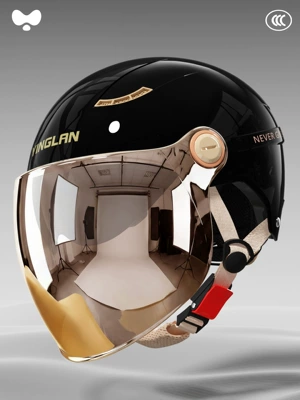 Protection Double Mirror Motorcycle Helmet, Motosiklet kaskı (dəbilqə) - 3c-shiny-black-electroplated-outer-long-double-mirror-new-national-standard-class-a-one-size-fits-all