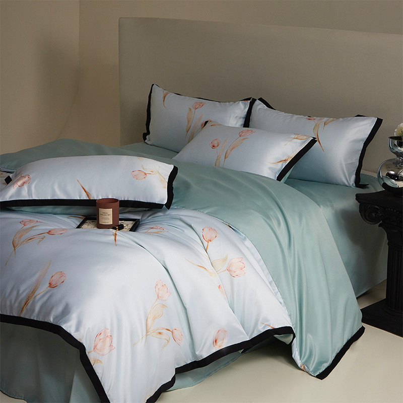 Juego de seda de hielo de cuatro piezas de verano sedoso desnudo edredón ligero de lujo de alta calidad ropa de cama lavada juego de tres piezas de cama