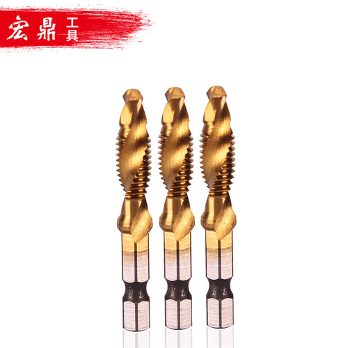 Hexagonal shank machine spiral tap, high-speed steel titanium-plated drill bit, three-in-one drilling and tapping one-piece composite tap