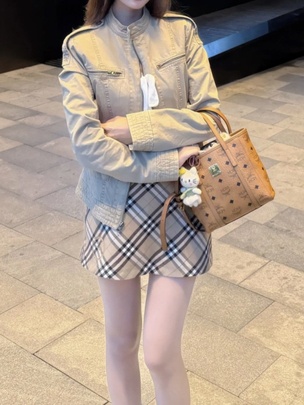 槿一 立领做旧美式复古短款牛仔外套女早秋新款正肩夹克上衣潮流|undefined
