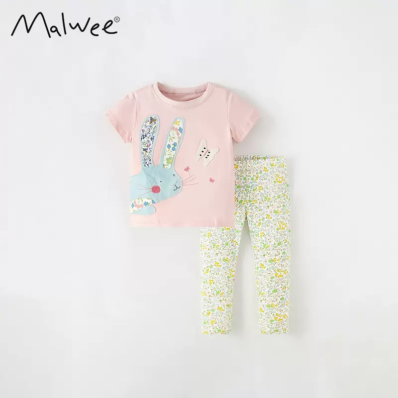跨境malwee女童两件套夏装新款可爱小女孩圆领T恤欧美中小童套装