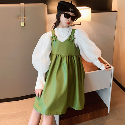 Korean Edition Children's clothing girl Autumn Western style suit Big boy Leather skirt puff sleeve Fashionable Two piece set Women's wear suit
