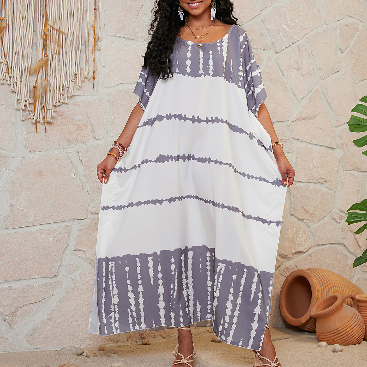 Blusa de playa europea y americana transfronteriza con hombros descubiertos, vestido largo de vacaciones junto al mar, bikini, traje de baño, camisa de protección solar 1D31