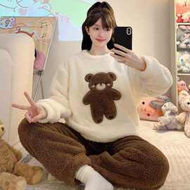 睡衣女秋冬季新款半边绒套装休闲洋气舒适保暖宽松可穿家居服套装