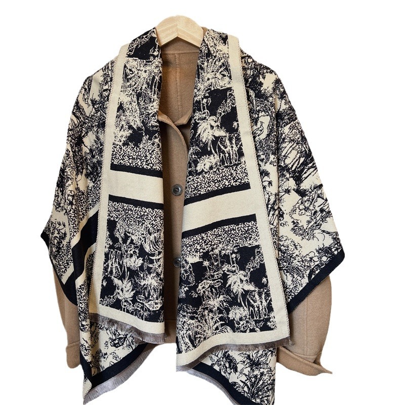 Sciarpa con frange in jacquard double face in stile etnico retrò autunno e inverno_voghion.com