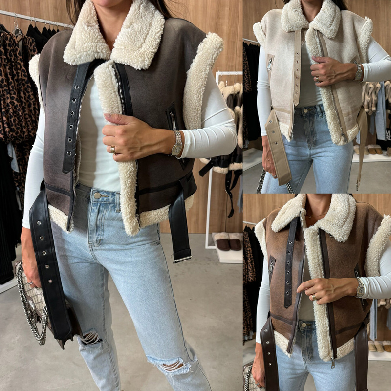 European and American Women's Foreign Trade Fashion Trendy Locomotive Zipper Fur One-piece Stitching Vest Jacket SU3946
