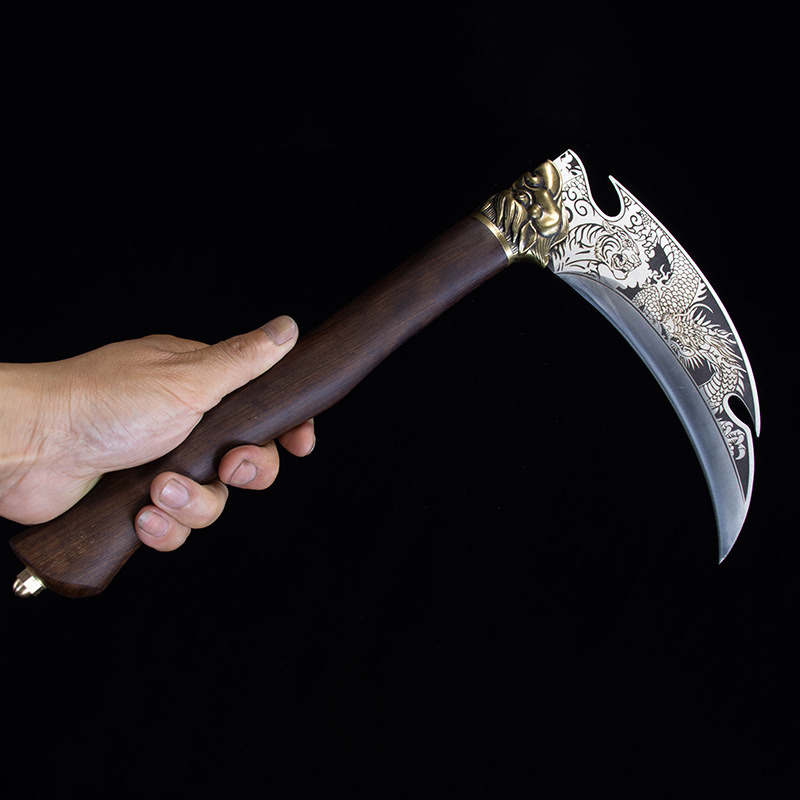 镰刀农用除草割草短刀木柄弯刀龙泉不锈钢割草弯刀户外野营刀具