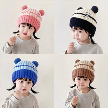 婴儿帽子冬季可爱卡通双球毛线帽男女宝宝护耳帽针织帽儿童套头帽