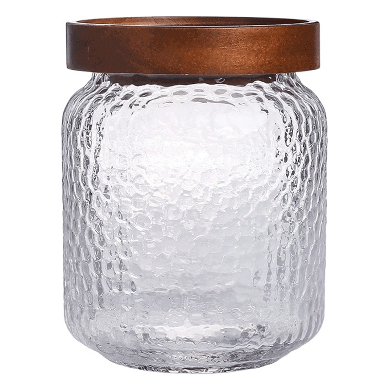 Tarro sellado de vidrio martillado de estilo japonés Tarro de almacenamiento de tapa de madera de acacia Tarro de almacenamiento vintage