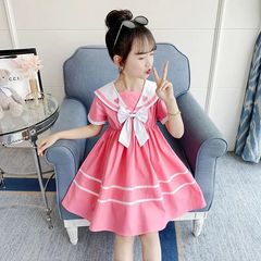 Children's College Style Skirt Summer Medium and Large Children's New Short Sleeve Bowknot Dress Girl Navy Collar A-line Skirt