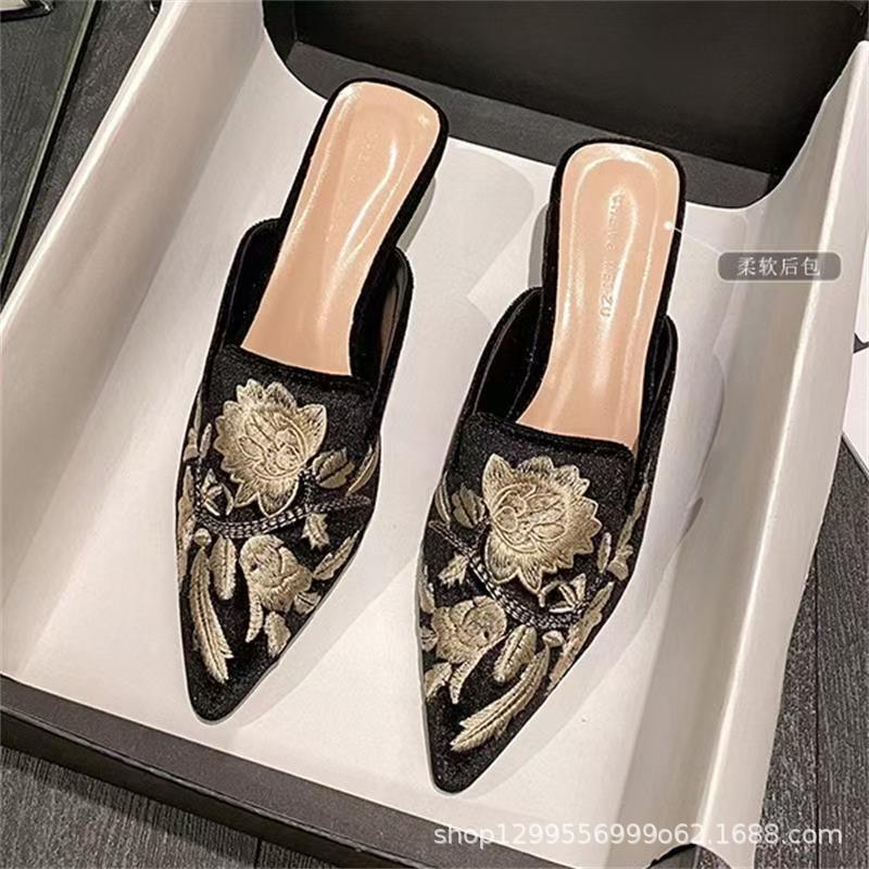 Baotou Half Slippers Women's Pointed Toe Thick Heel Sandals 2025 Summer New Chinese Embroidered Flower Muller High Heel Women's Shoes
