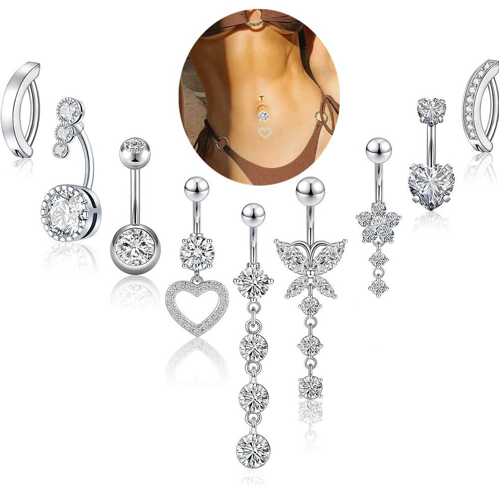 9つのステンレスのへその輪の組み合わせの銅はジルコンの水滴のへその輪の円形のハート型のへその釘のメーカーの現物を入れます。