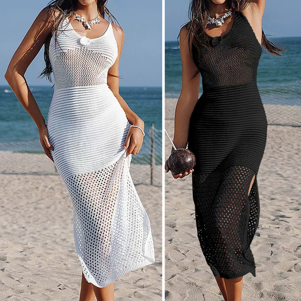 Cross-border New Holiday Three-dimensional Crochet Flower Side High Split Adjustable Strap Hollow dress Beach Blouse Long Dress