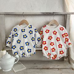 ins Korean style baby girl pure cotton autumn flower print hoodie loose sweatshirt bat shirt jumpsuit romper