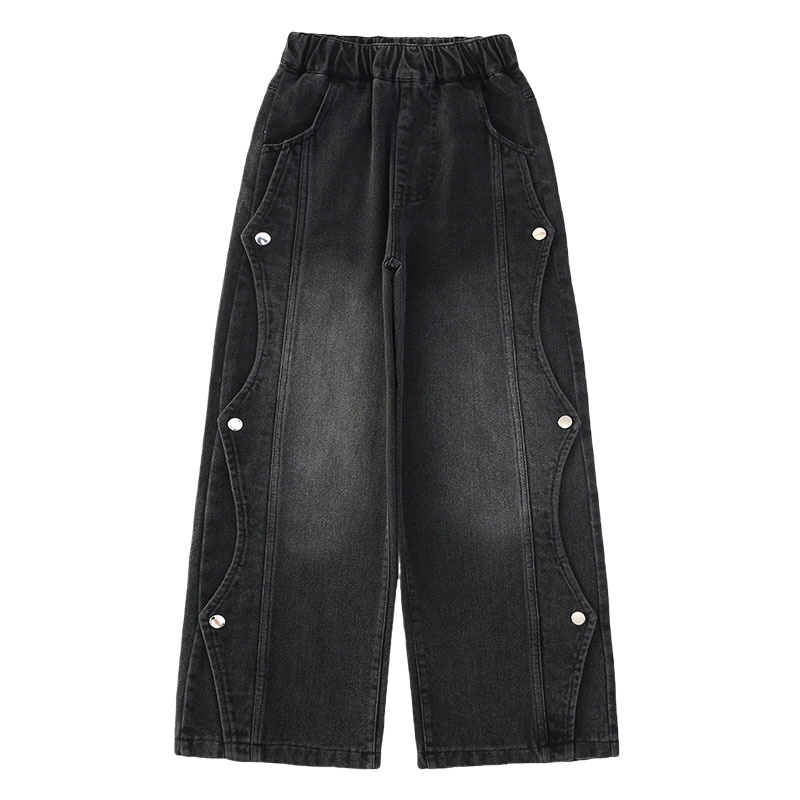 소녀 청바지 2024 년 봄과 가을 새로운 서양식 어린이 스트레이트 바지 가을 검은 거리-느슨한 넓은 다리 바지