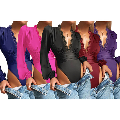 D1255 Autumn Amazon Plain Deep V-Neck Lace Edge Fitted Bodysuit for Women with a Bold and Flirty Style