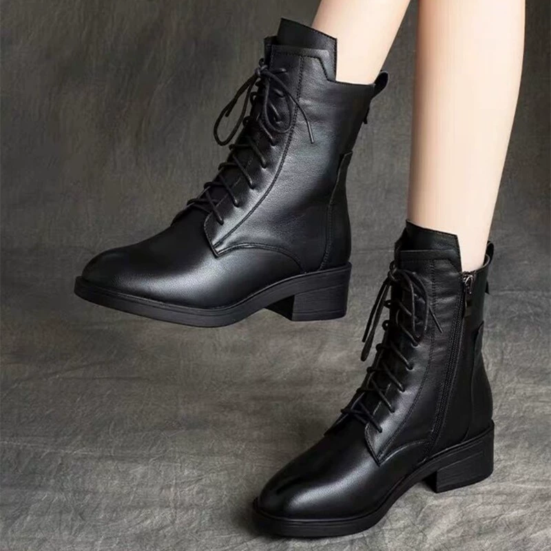 Толстый каблок средний ботинок шнуровка Martin сапоги женский 2024 осень и зима новый британский стиль круглые головы модные универсальный кожаные ботинки