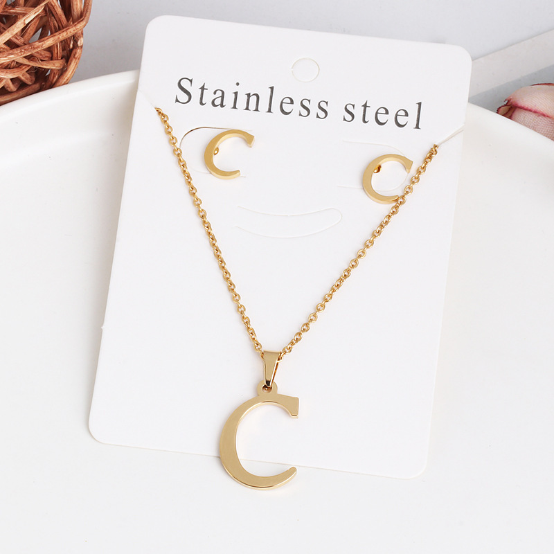 New stainless steel 26 letter female necklace earring set, fashionable and atmospheric, summer non fading accessories_voghion.com