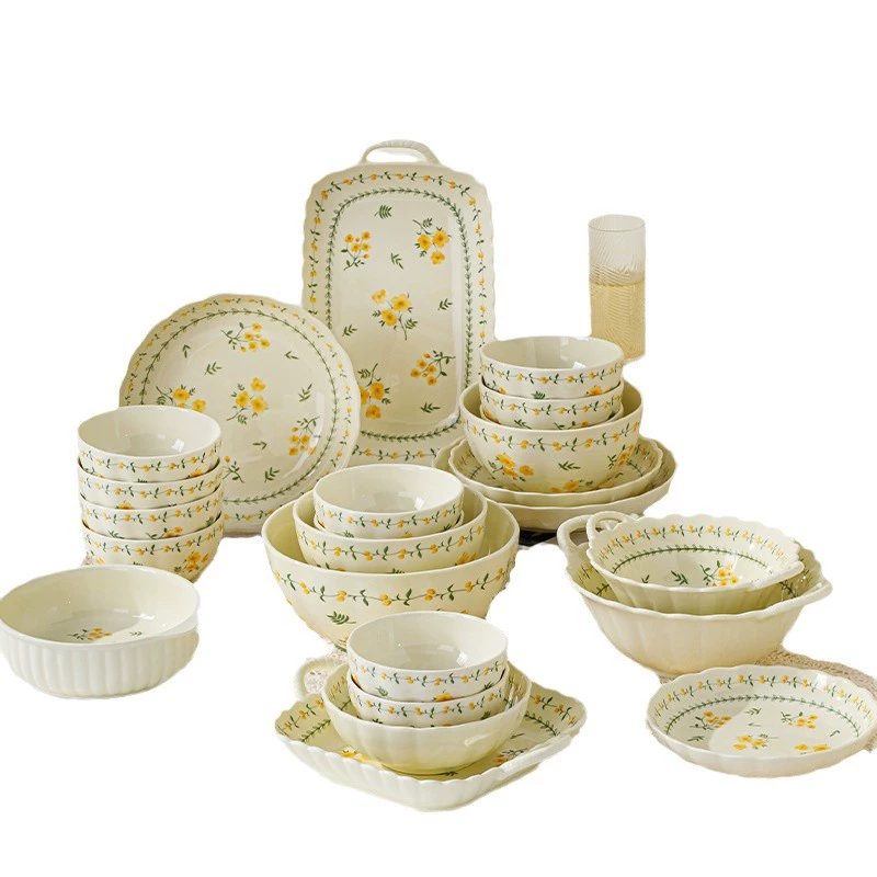Ceramic Tableware Set, Japanese-style Yellow Lotus Pattern — Multiple sizes & gift sets