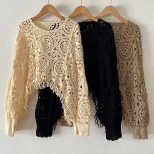 Autumn Design Hollow Tassel Long-Sleeved Knitwear for Women, New Style, Chic, Loose, Slimming, Niche Tops for Outer Wear