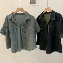 欧玛莱 翻领单排扣短袖牛仔衬衫上衣2025夏季复古韩版百搭女2873