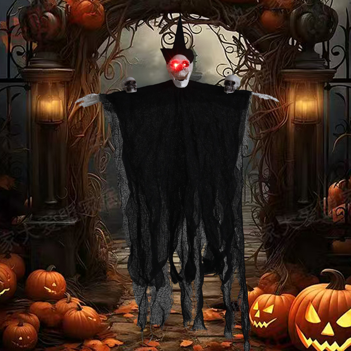 Decoraciones de Halloween, fantasmas colgantes de tres cabezas, brillantes, muecas, gasas, festivales de fantasmas, casas embrujadas, decoraciones de fiesta en el patio