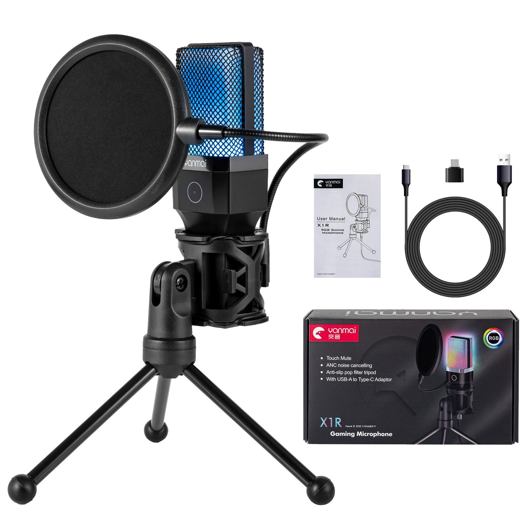 Игровой микрофон X1S, конденсатор USB‑A/USB‑C, cardioidник, кабель 1.5 м, RGB