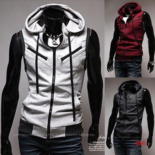 Slim-fit knitted vest, sleeveless hooded sweatshirt for men, student-style zip-up hoodie with a shoulder-cut design—perfect for summer.