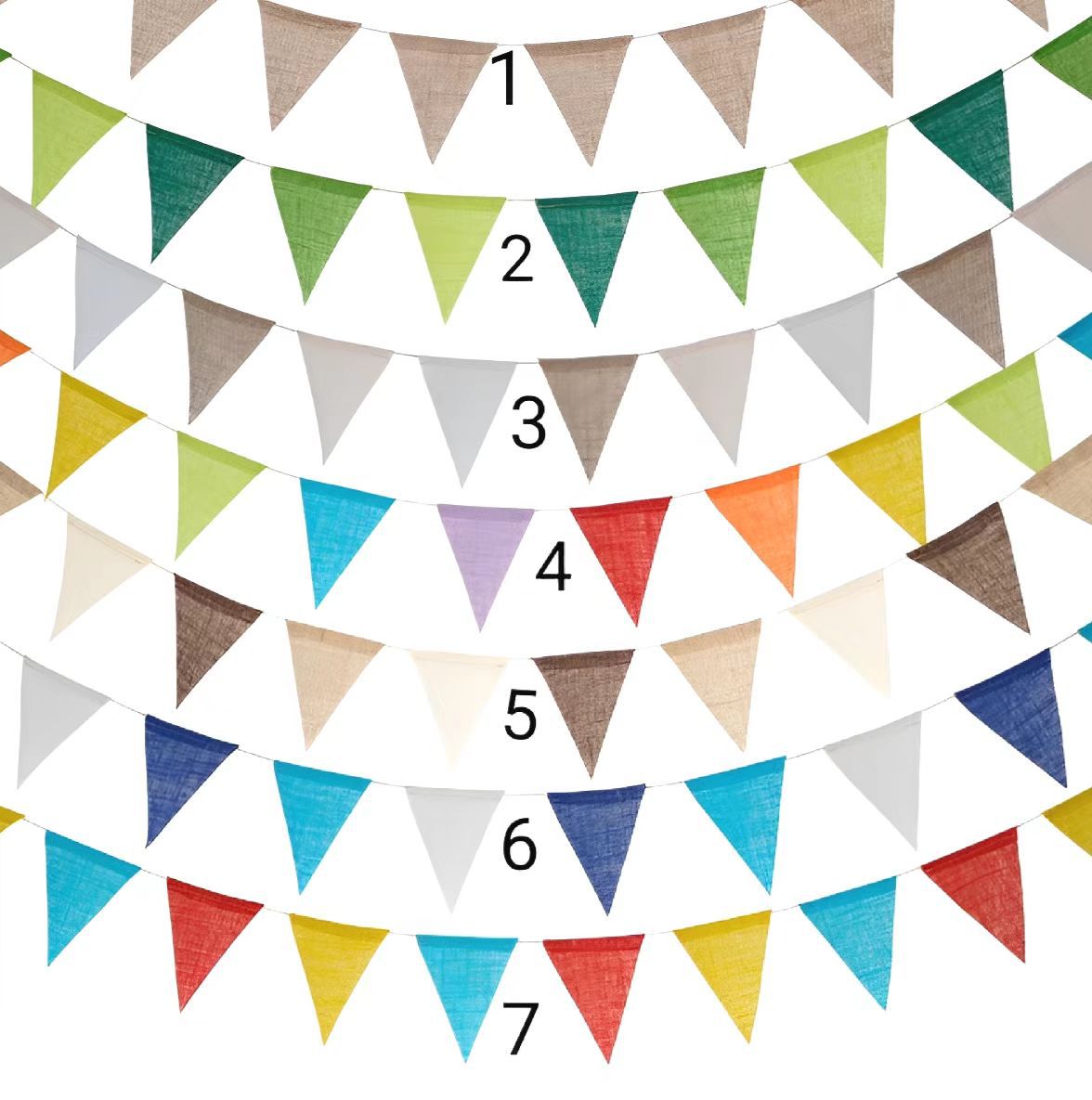 Cáñamo artificial triángulo bandera decoración de la boda fiesta tire bandera boda bandera colorida Bandera de cáñamo artificial 42 Piezas 6 colores suministro de fábrica