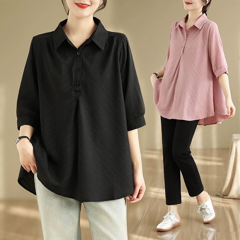 Реальная стрельба Летняя новая пуговица с отворотом сплошной цвет рубашка женская свободная повседневная складка рубашка топ женская
