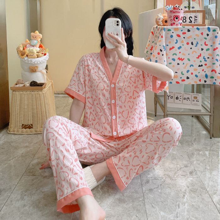 Venta al por mayor transfronteriza de dopamina plaid dulce amor nube pijamas de algodón verano para mujer nuevo estilo pantalones de manga corta servicio a domicilio