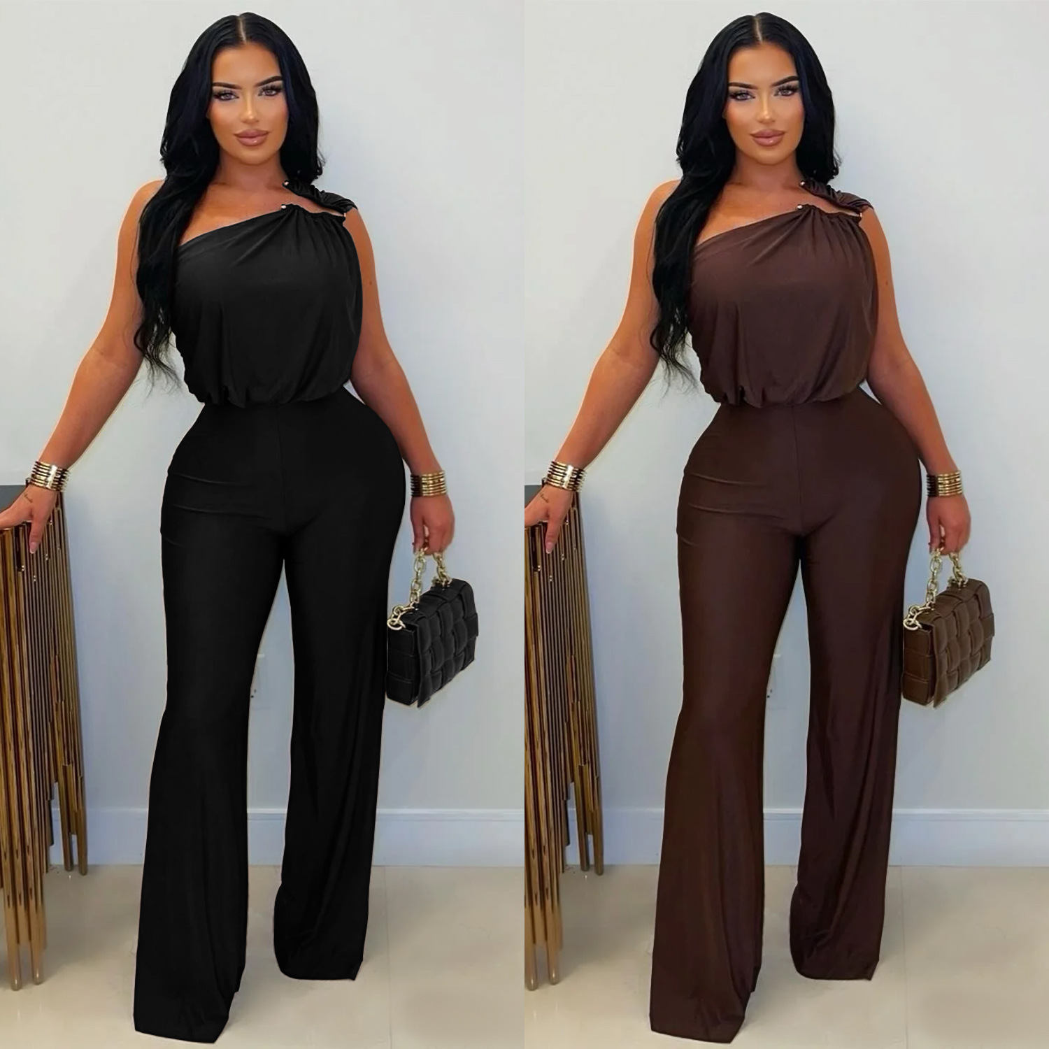 C7578 Cross-Border Aliexpress Amazon European and American Fashion Women's Casual Slanted Shoulder Sleeveless Hip-Covering Wide-Leg Jumpsuit