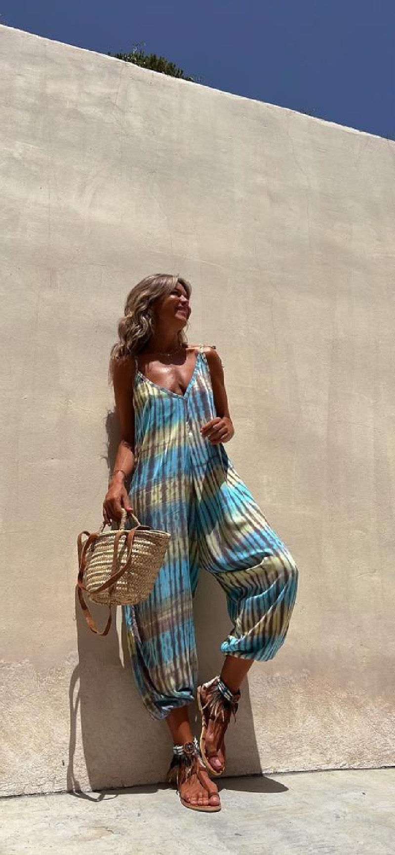 Printed Jumpsuit Summer V Neck Printed Loose Lace Up Jumpsuit