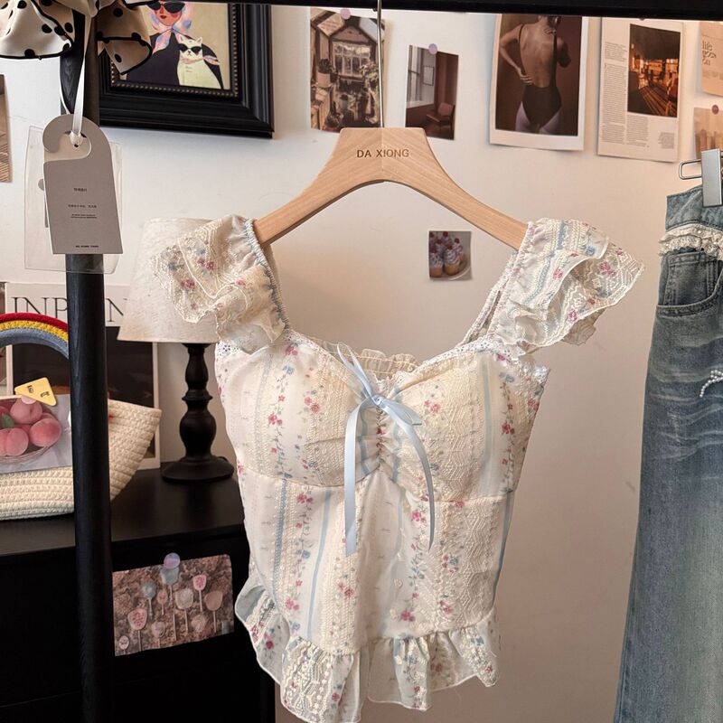 Sweet Style Ruffled Lace-Up Short-Sleeve Shirt for Women, Super Stylish Square-Neck Slim-Fit Floral Camisole Top for Summer Sweet Style Ruffled Lace-Up Short-Sleeve Shirt for Women, Super Stylish Square-Neck Slim-Fit Floral Camisole Top for Summer