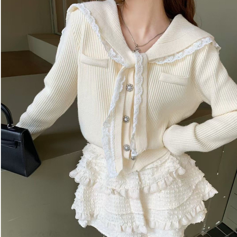 2025 New Autumn and Winter Gentle Style Navy Collar Sweater for Women, Sweet Lace Splicing Design, Western Style Slimming Look Cardigan