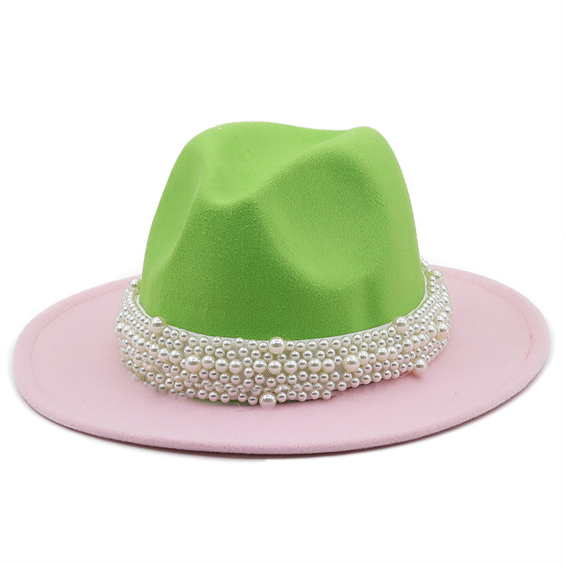 Autumn And Winter New Two-color Woolen Top Hat Pearl Ribbon Accessories Double-sided Color Matching Jazz Hat display picture 2