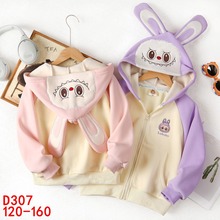 2025冬季儿童加绒外套女孩中大童卡通小兔子华棉奥粒绒连帽上衣